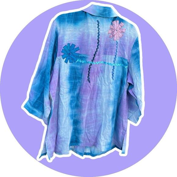 Indigo Moon Shirt Button Front Blue Ombré Purple Ribbon 2X NEW QVC - Picture 5 of 7